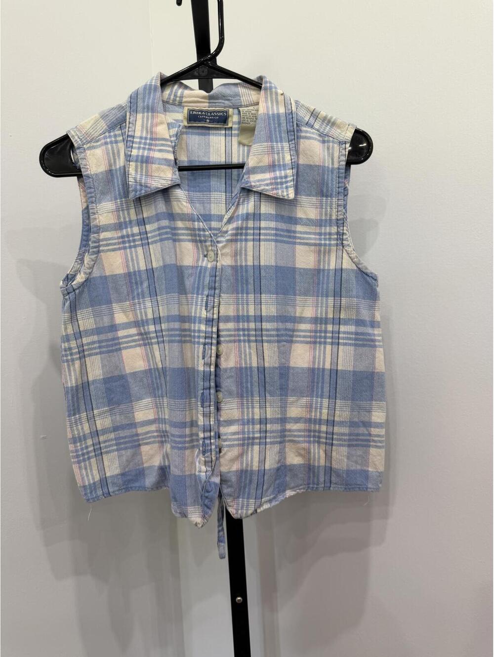 Vintage 90s Erika Classics Large Sleeveless Button-Up Plaid Shirt - Picture 2 of 6